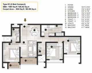 3 BHK Compact floor plan preview